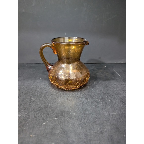 Amber Crackle Glass Mini‎ Creamer Pitcher 4", Vintage, Farmhouse Table Setting - Picture 1 of 9